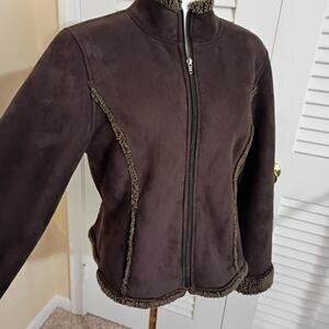 L.L.Bean Women's Med Brown Faux Suede Sherpa Lined Embellished Jacket Easy Care